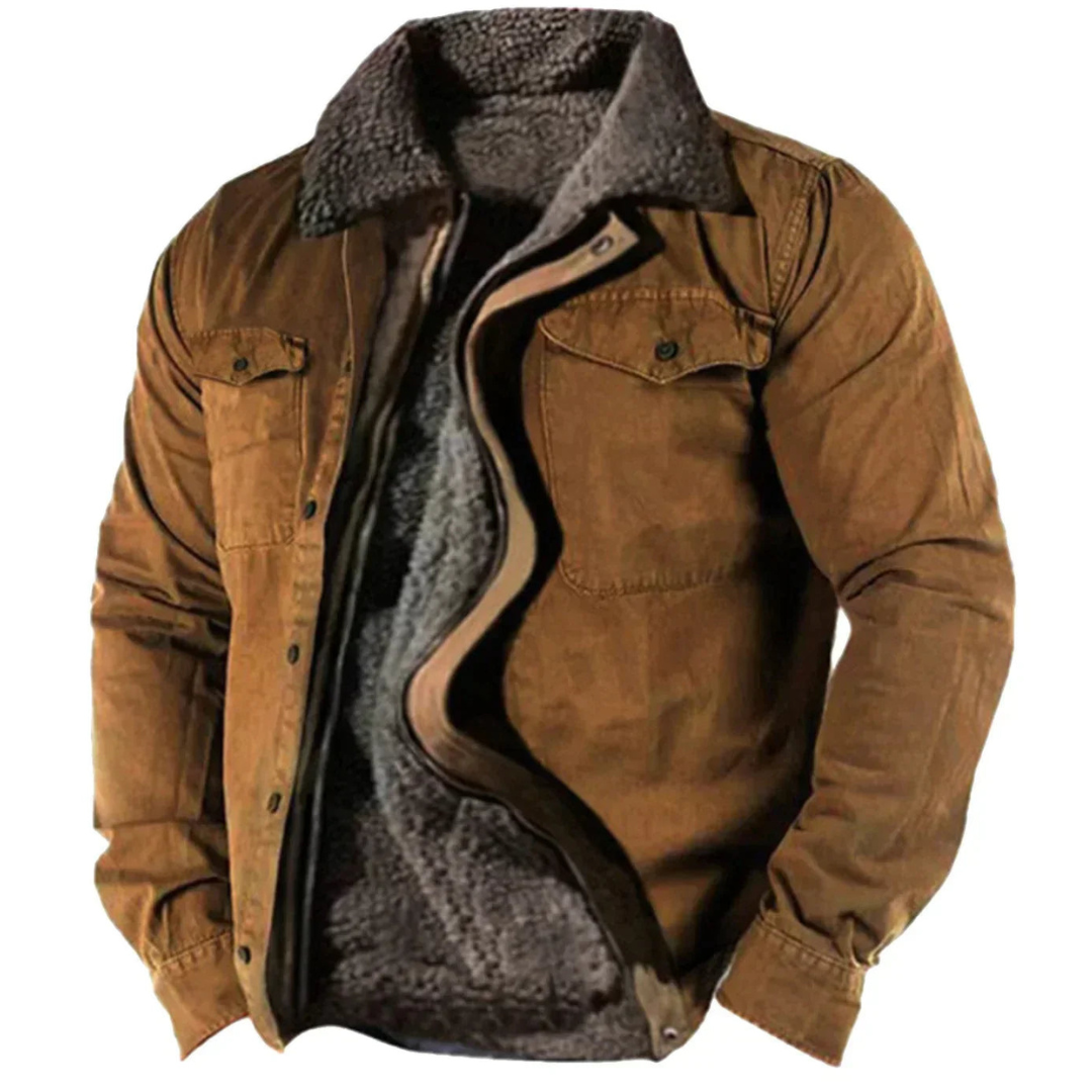 Veste d'hiver homme élégante, doublure chaude, boutonnée, ajustée, en teintes marron et bleu, parfaite contre le froid.