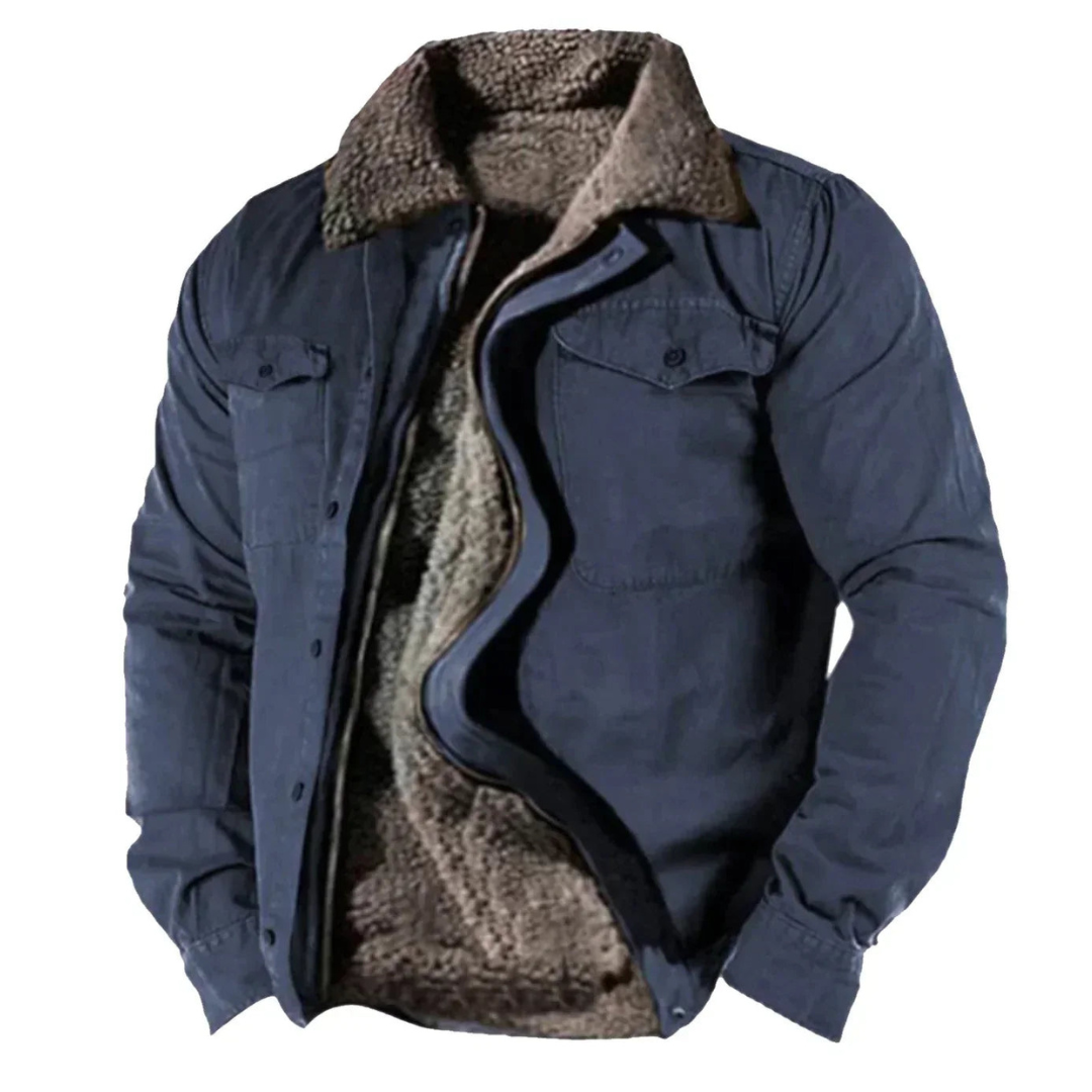 Veste d'hiver homme élégante, doublure chaude, boutonnée, ajustée, en teintes marron et bleu, parfaite contre le froid.