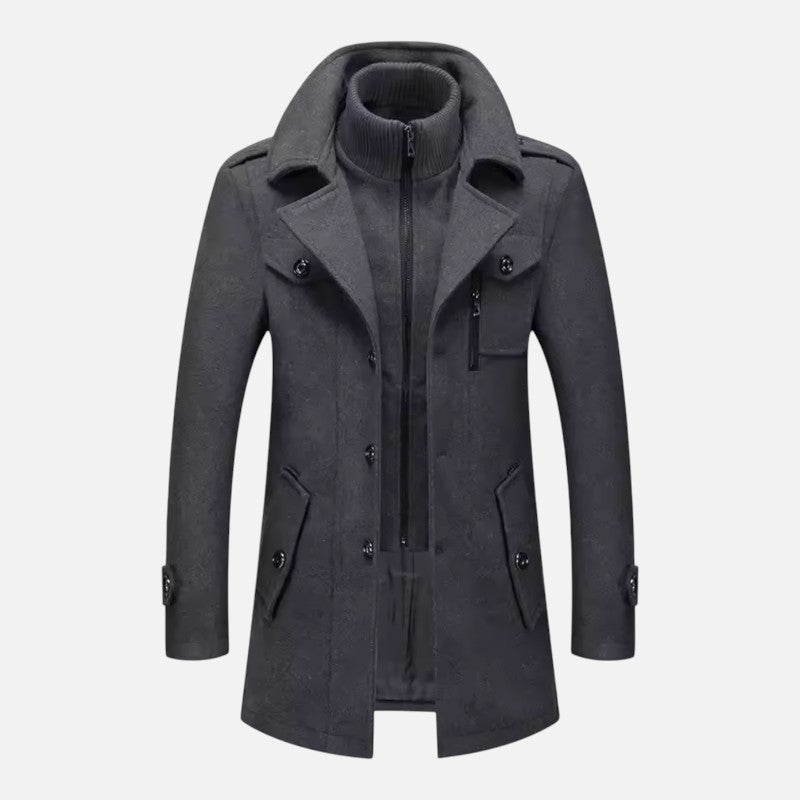 "Veste double col moderne pour homme, col zippé et boutons, coupe ajustée, élégante et décontractée."