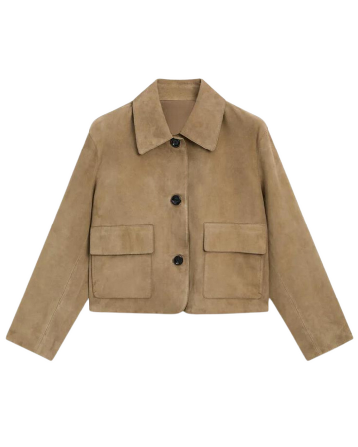 "Veste en cuir femme Karly, coupe ajustée, design moderne, cuir souple, couleur neutre, accentue la silhouette élégante."