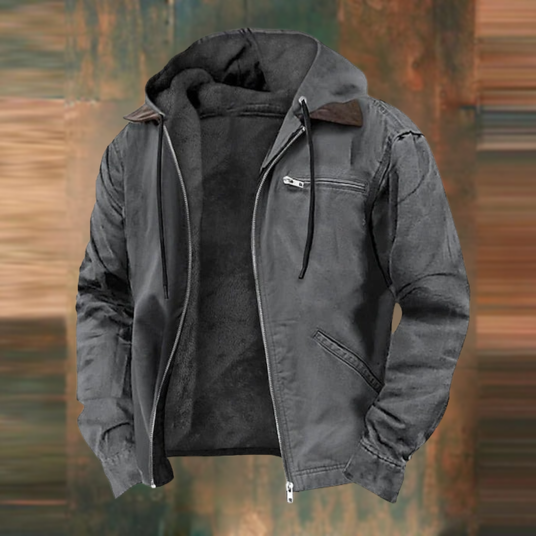 "Veste en cuir homme avec capuche, ajustée, moderne et élégante, disponible en bleu, gris, marron, vert."