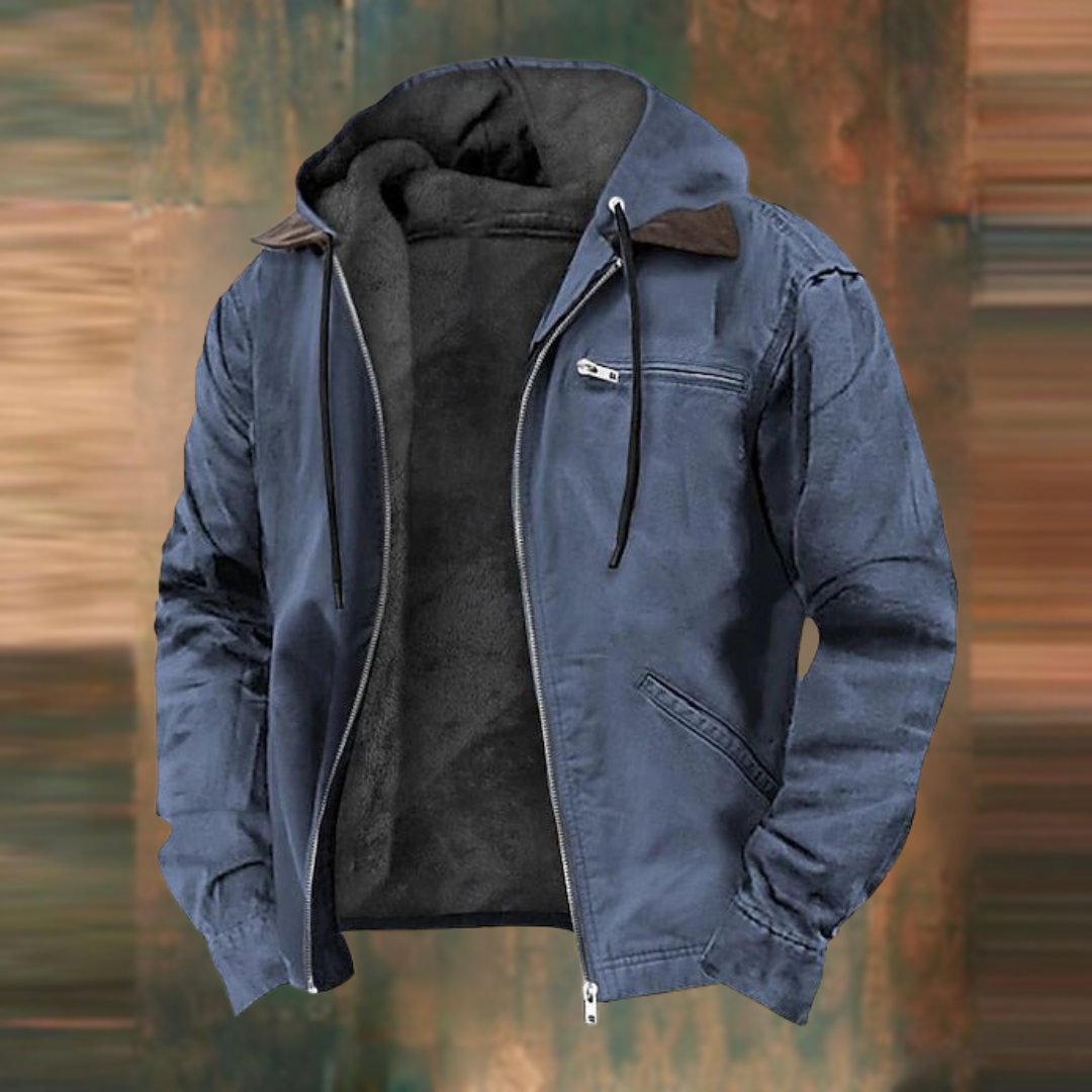 "Veste en cuir homme avec capuche, ajustée, moderne et élégante, disponible en bleu, gris, marron, vert."