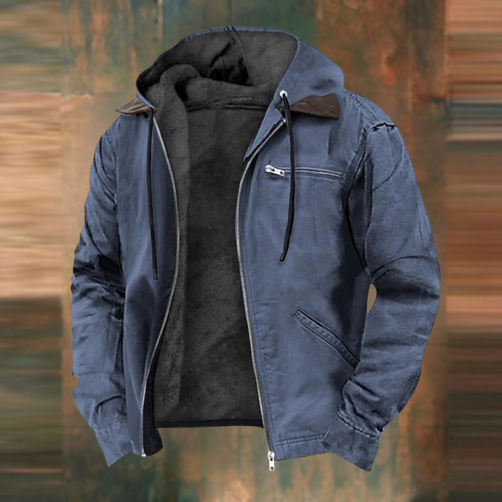 "Veste en cuir homme avec capuche, ajustée, moderne et élégante, disponible en bleu, gris, marron, vert."