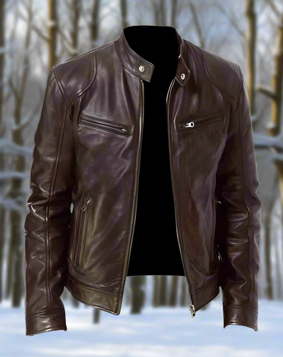 "Veste en cuir homme élégante avec col bouton-pression, poches zippées; cuir brun riche, style chic pour toute occasion."