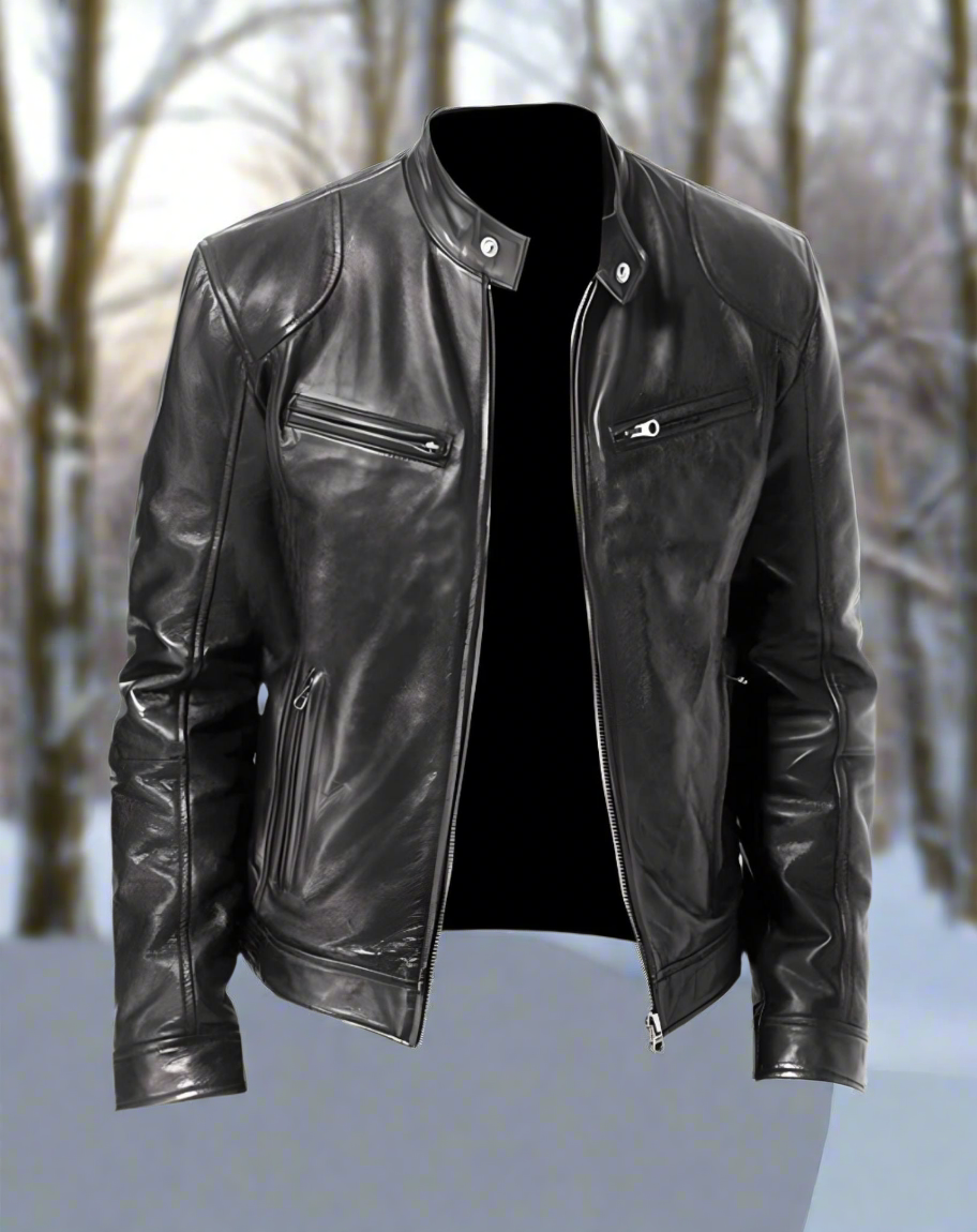 "Veste en cuir homme élégante avec col bouton-pression, poches zippées; cuir brun riche, style chic pour toute occasion."