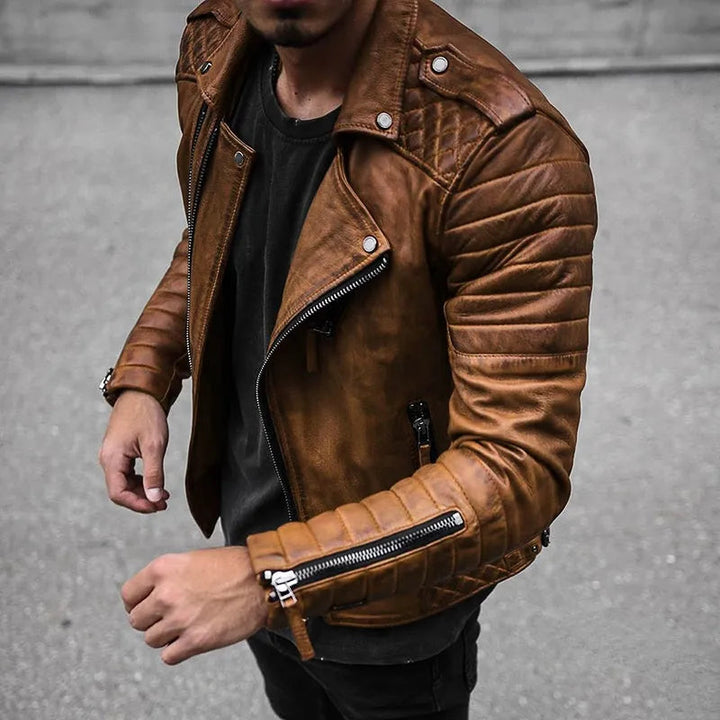 "Veste en cuir homme noir, chic et durable, coupe ajustée - vue avant"