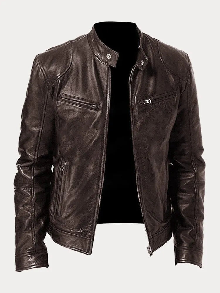 Veste en cuir homme, style casual chic. Coupe ajustée, cuir véritable. Plusieurs couleurs disponibles.