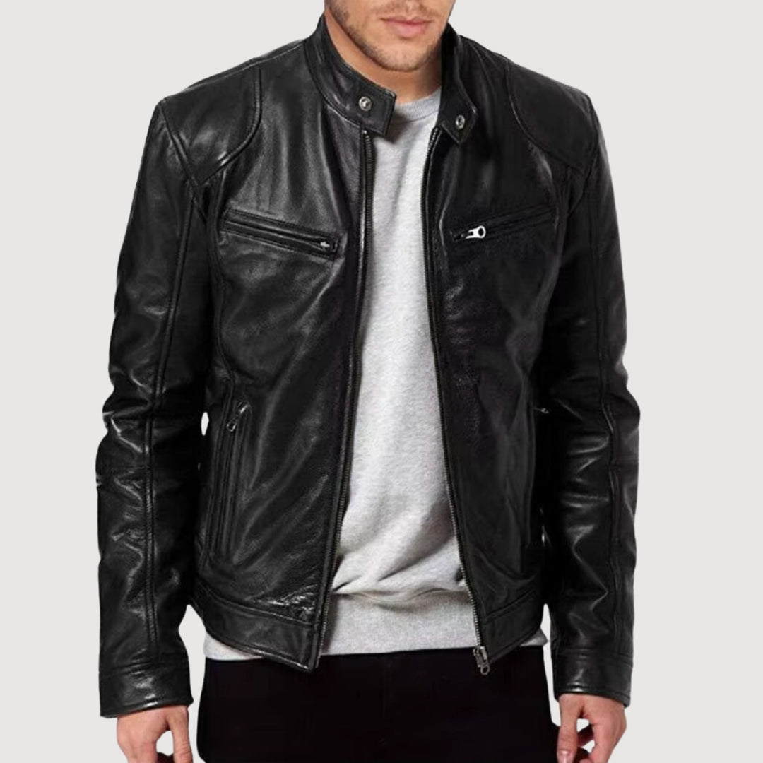 Veste en cuir homme, style moto premium. Design élégant et robuste.  Confort optimal.