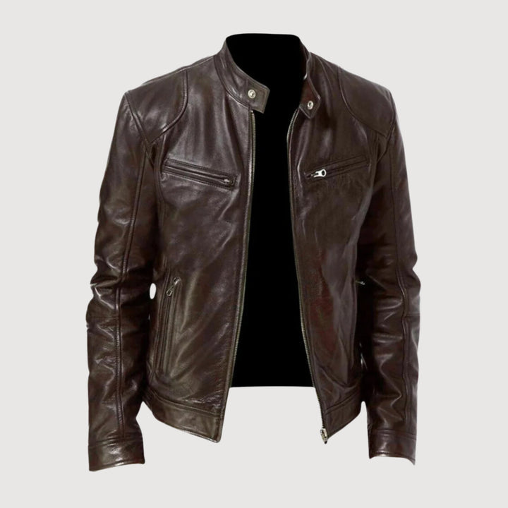 Veste en cuir homme, style moto premium. Design élégant et robuste.  Confort optimal.