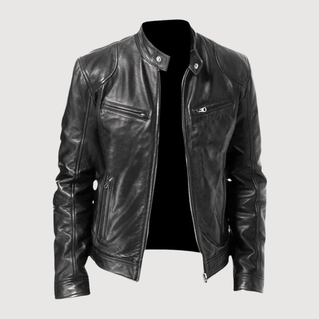 Veste en cuir homme, style moto premium. Design élégant et robuste.  Confort optimal.