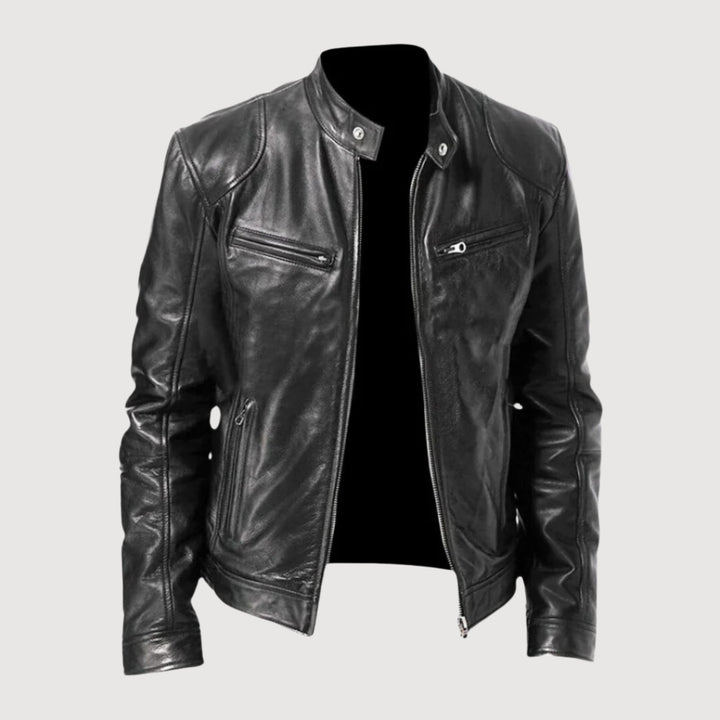 Veste en cuir homme, style moto premium. Design élégant et robuste.  Confort optimal.