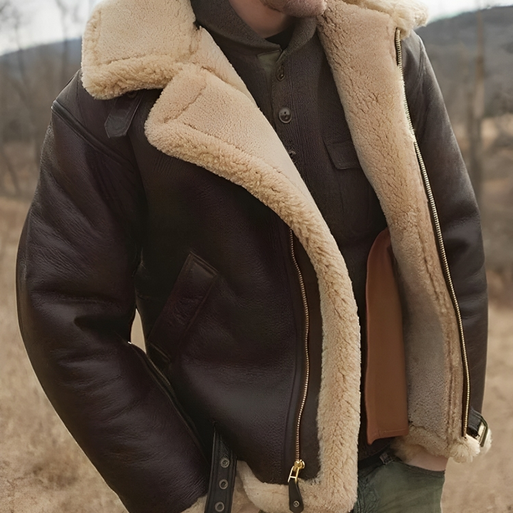 Veste en cuir marron coupe-vent et chaude pour homme, idéale protection hivernale. Style élégant et durable.