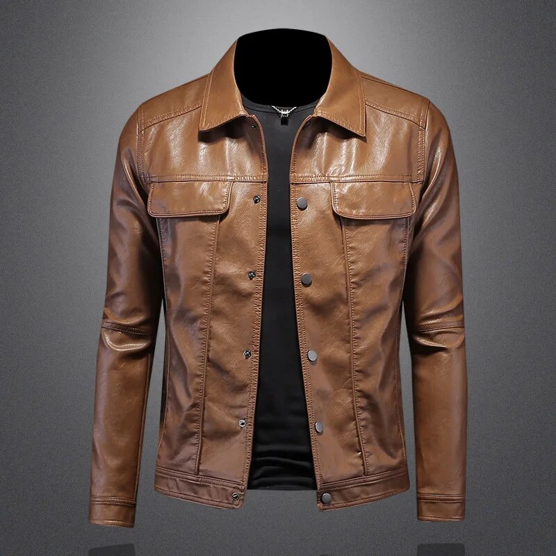 "Veste en cuir noir Alois pour hommes, silhouette ajustée, élégante et durable, parfait pour printemps et automne."