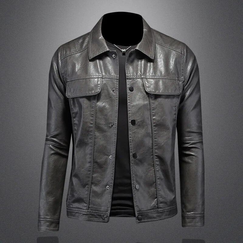 "Veste en cuir noir Alois pour hommes, silhouette ajustée, élégante et durable, parfait pour printemps et automne."