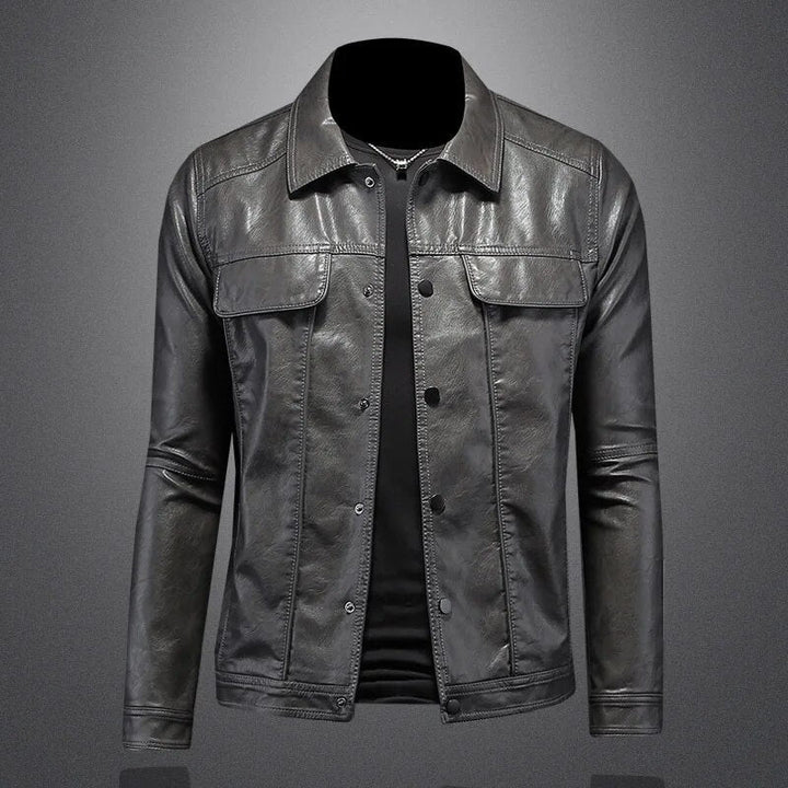 "Veste en cuir noir Alois pour hommes, silhouette ajustée, élégante et durable, parfait pour printemps et automne."