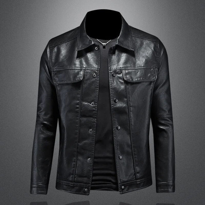 "Veste en cuir noir Alois pour hommes, silhouette ajustée, élégante et durable, parfait pour printemps et automne."
