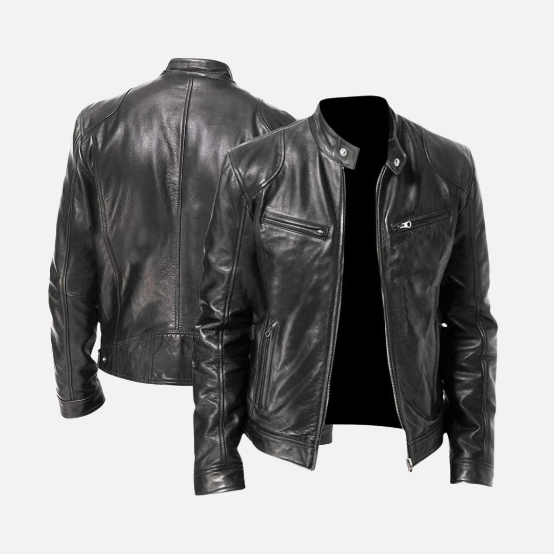 "Veste en cuir noir élégante pour homme, style intemporel et coupe ajustée, idéale pour un look chic et raffiné."