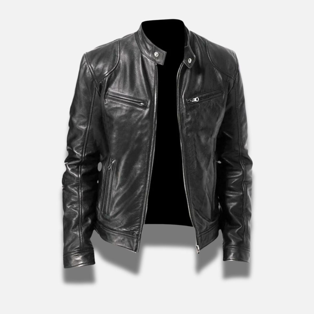 "Veste en cuir noir élégante pour homme, style intemporel et coupe ajustée, idéale pour un look chic et raffiné."