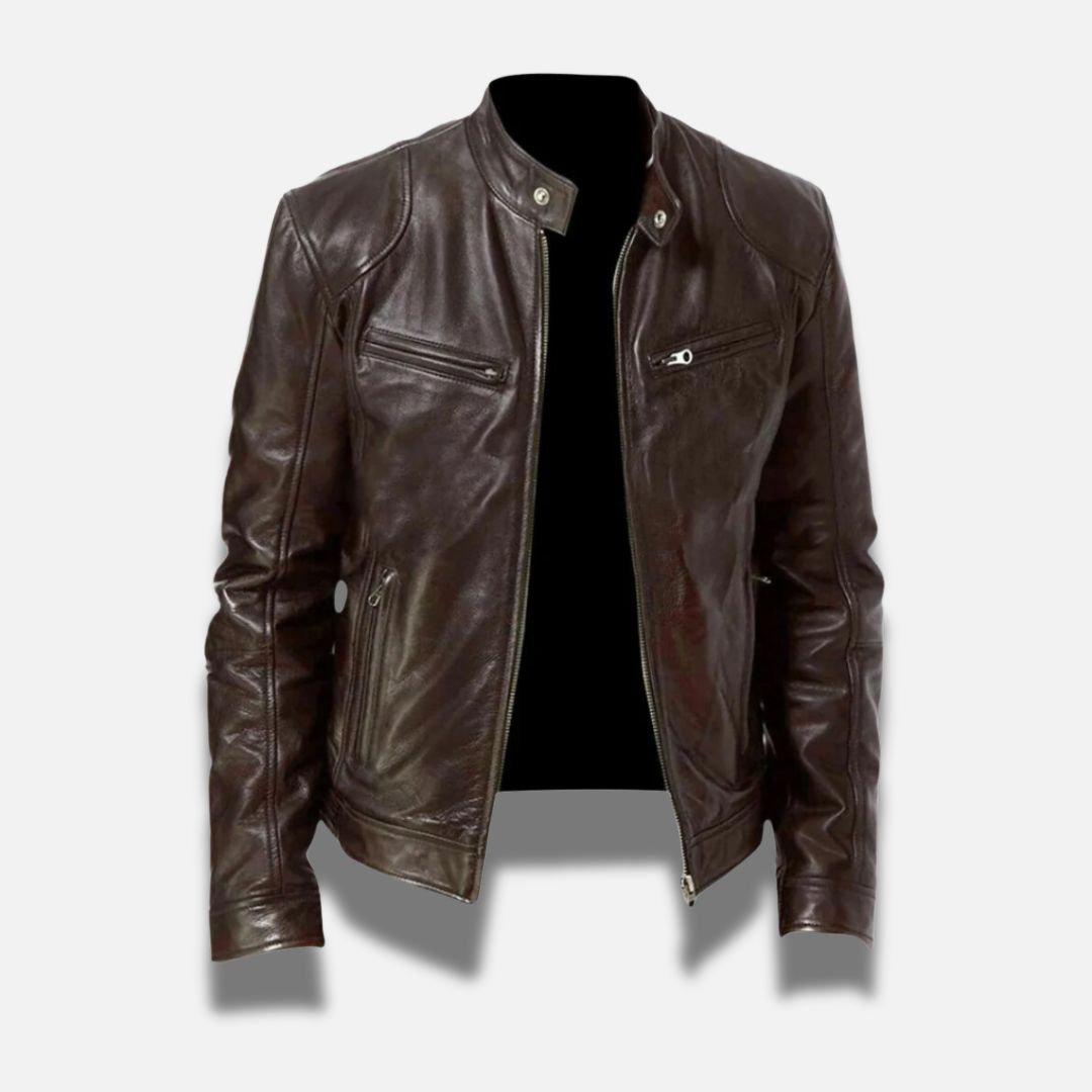 "Veste en cuir noir élégante pour homme, style intemporel et coupe ajustée, idéale pour un look chic et raffiné."