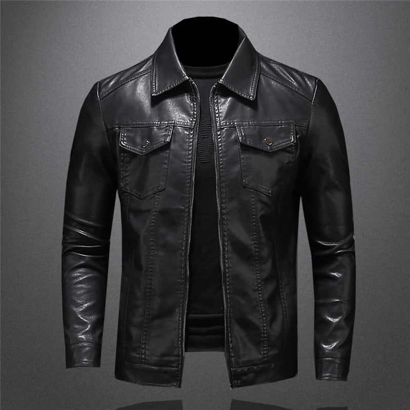 "Veste en cuir noir pour homme, style premium, avec fermeture éclair, col rabattu, ajustement slim pour look élégant."