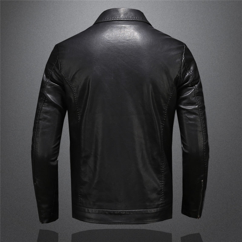 "Veste en cuir noir pour homme, style premium, avec fermeture éclair, col rabattu, ajustement slim pour look élégant."