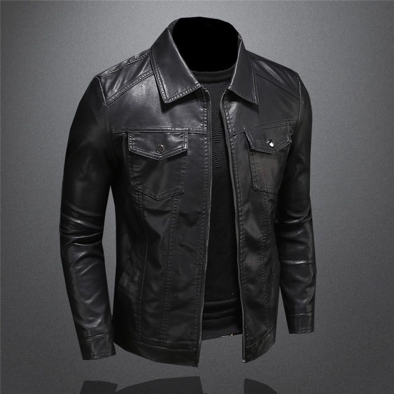 "Veste en cuir noir pour homme, style premium, avec fermeture éclair, col rabattu, ajustement slim pour look élégant."