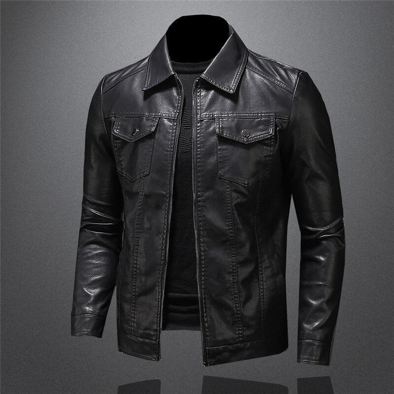 "Veste en cuir noir pour homme, style premium, avec fermeture éclair, col rabattu, ajustement slim pour look élégant."