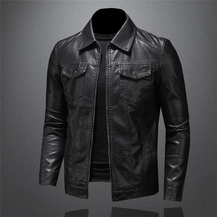 "Veste en cuir noir pour homme, style premium, avec fermeture éclair, col rabattu, ajustement slim pour look élégant."