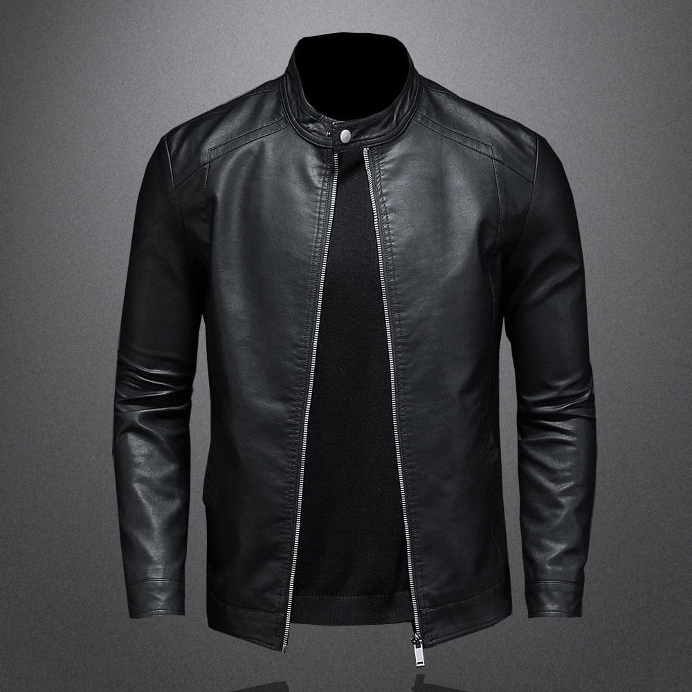 "Veste en cuir noir pour hommes, design épuré, poches zippées, coupe chic et polyvalente, idéale pour toute occasion."