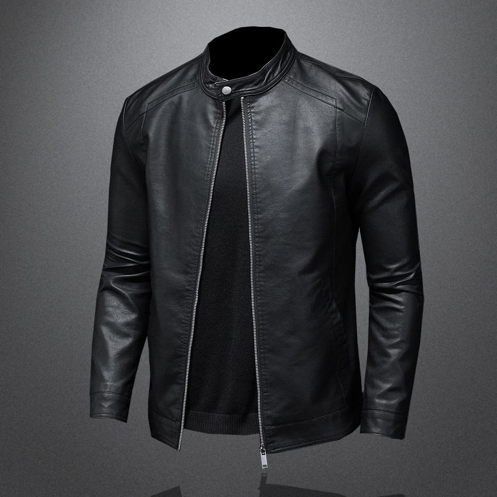 "Veste en cuir noir pour hommes, design épuré, poches zippées, coupe chic et polyvalente, idéale pour toute occasion."