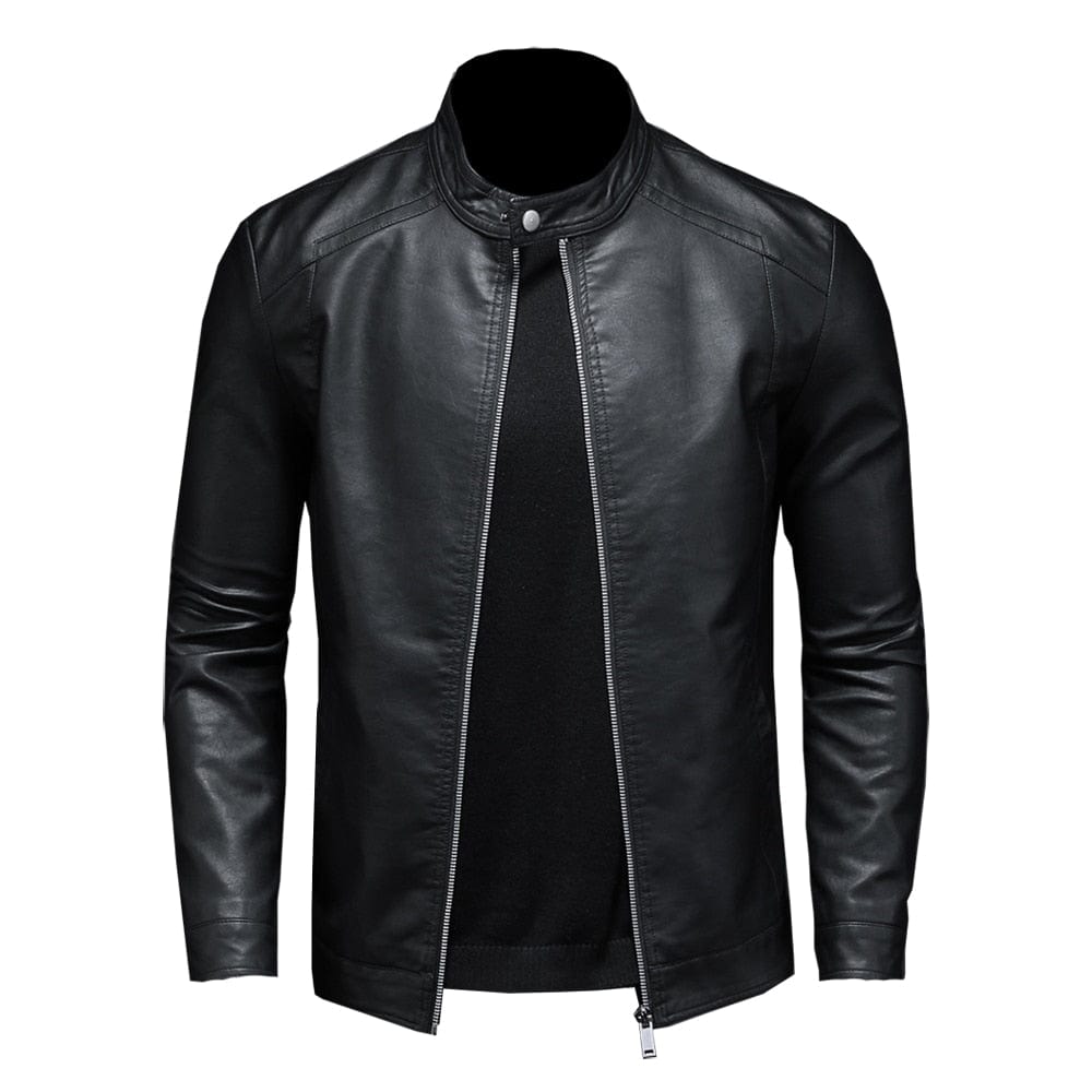 "Veste en cuir noir pour hommes, design épuré, poches zippées, coupe chic et polyvalente, idéale pour toute occasion."