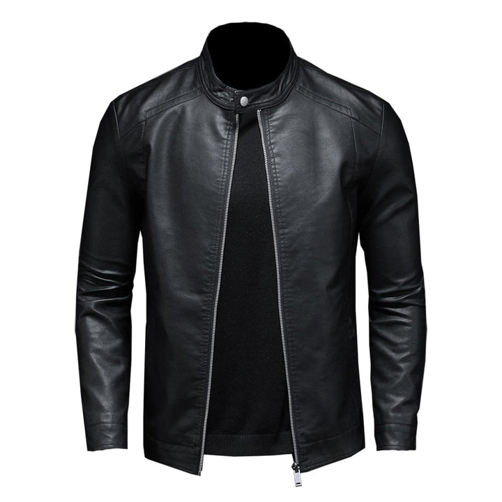 "Veste en cuir noir pour hommes, design épuré, poches zippées, coupe chic et polyvalente, idéale pour toute occasion."