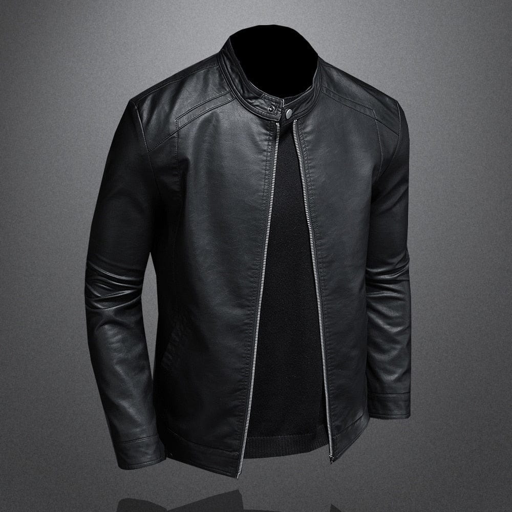 "Veste en cuir noir pour hommes, design épuré, poches zippées, coupe chic et polyvalente, idéale pour toute occasion."