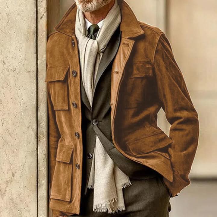 "Veste en daim pour homme, chic et polyvalente, coupe moderne, idéale pour occasions formelles et décontractées"