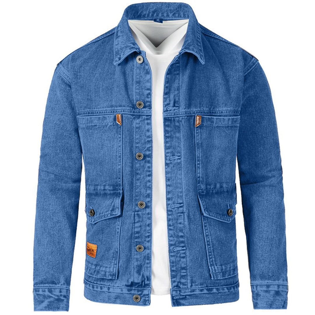 Veste en jean décontractée bleue pour hommes, coupe classique avec poches poitrine, idéale pour tous les styles.