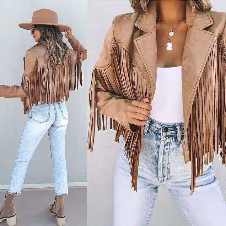 Veste femme bohème chic Remy à franges. Style unique pour printemps/automne, élégance décontractée.