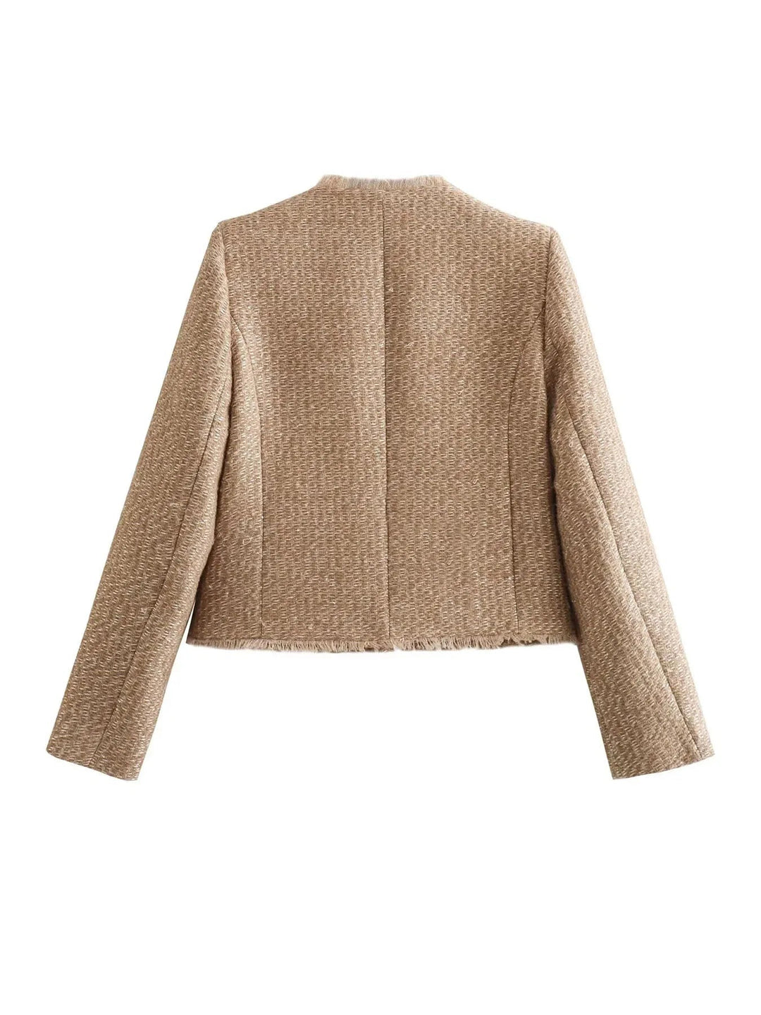 Veste chic femme beige, parfaite pour l'automne. Son design élégant et ses boutons dorés ajoutent une touche tendance.