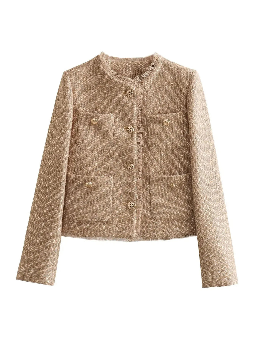 Mode féminine: Veste femme chic beige avec des boutons dorés, une pièce élégante et polyvalente pour toute saison.