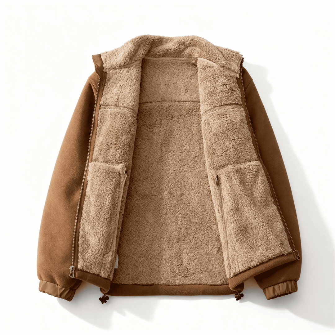 Veste homme élégante avec col montant, zip intégral et poches zippées, mode masculine.