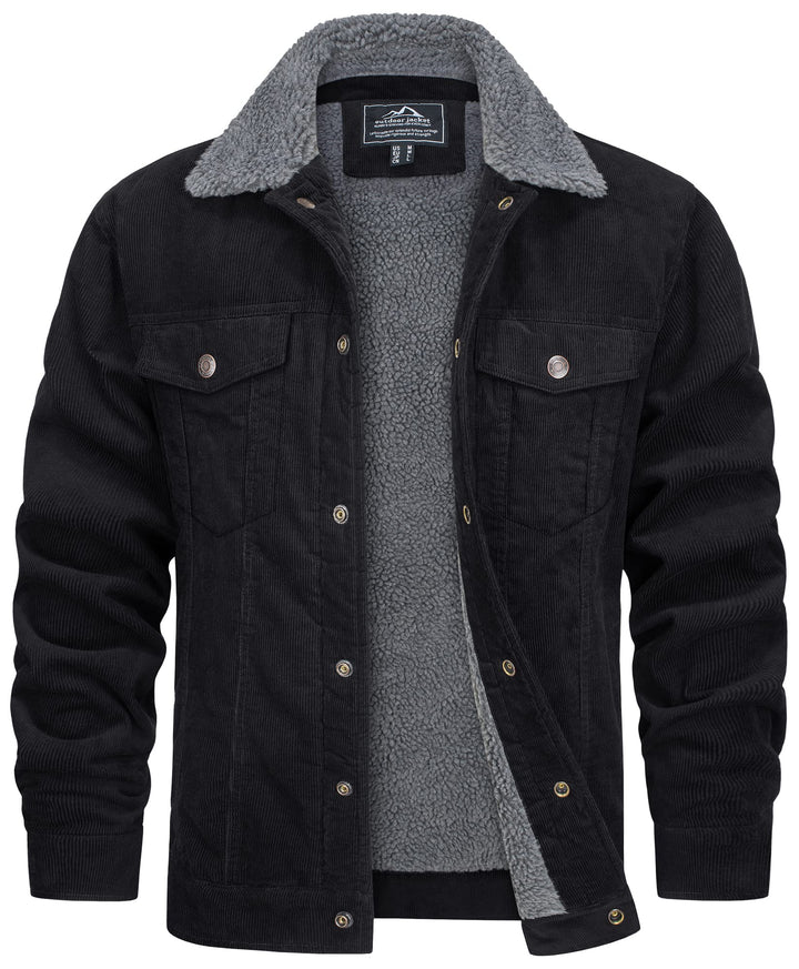 Manteau urbain homme robuste en velours côtelé, idéal pour l'hiver et les intempéries. Chaud et polyvalent.