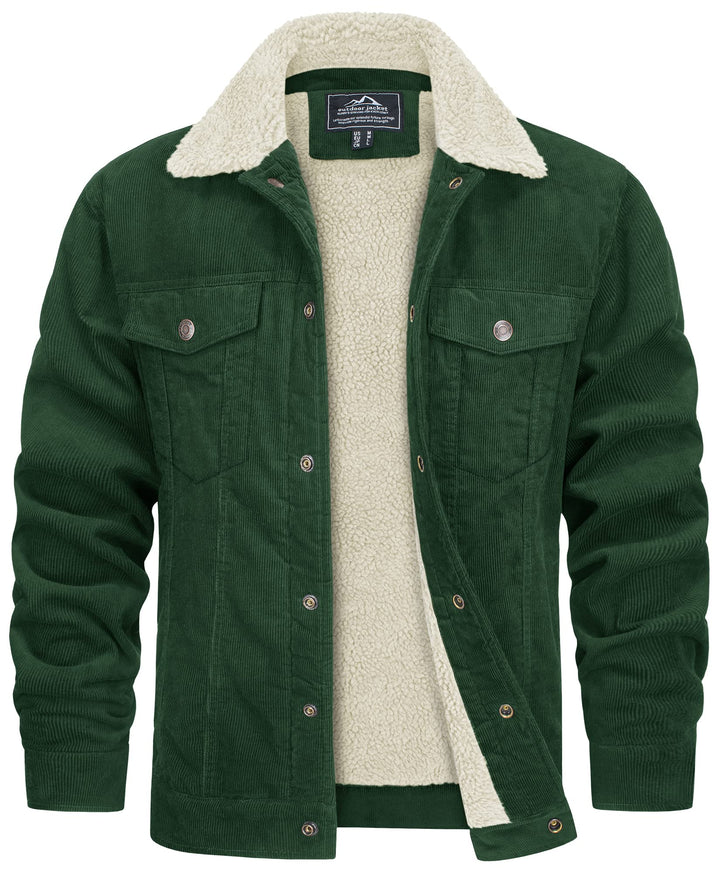 Veste homme chaude en velours côtelé, col montant et doublure douillette, parfaite pour l'hiver urbain.
