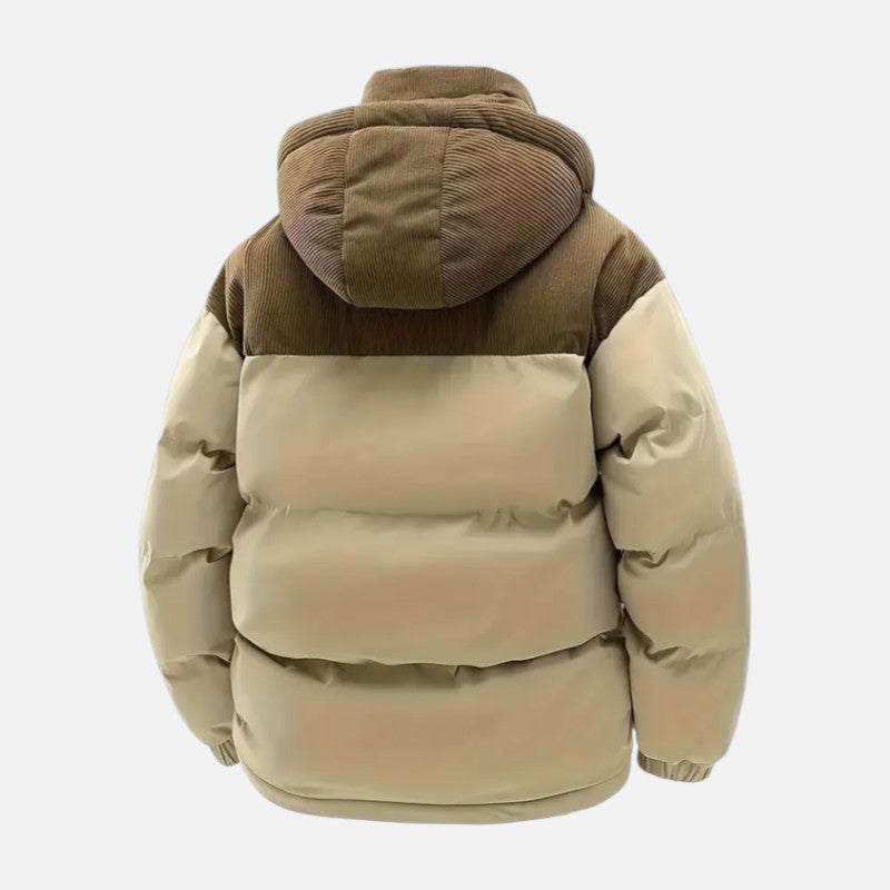 Veste hiver unisexe, blocs colorés, matelassée, capuche amovible, moderne, idéale pour hommes et femmes, style tendance.