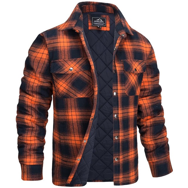 Veste homme à carreaux orange et gris, ajustée. Un classique moderne alliant confort et style pour la mode masculine.