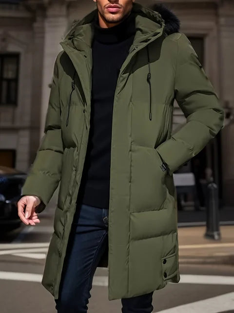 Veste homme chaude à capuche, coupe-vent.  Idéale pour l'hiver. Design élégant et confortable.