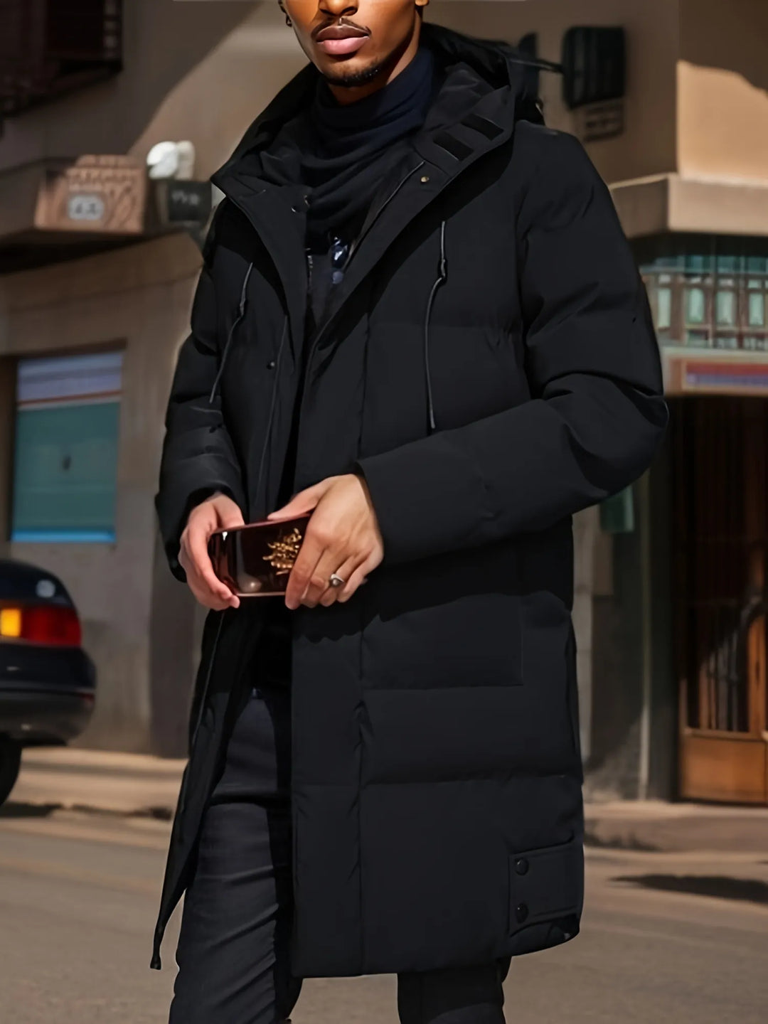 Veste homme chaude à capuche, coupe-vent.  Idéale pour l'hiver. Design élégant et confortable.