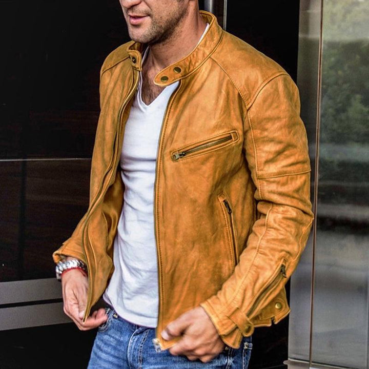 Veste homme éco-responsable, style rétro, cuir végan. Coupe ajustée, élégante et durable.