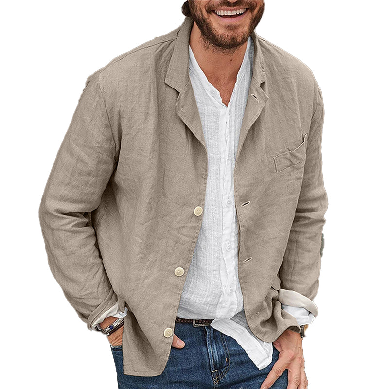 "Veste homme élégante en coton et lin, kaki, gris, bleu ou noir; style polyvalent, décontracté et respirant toutes saisons."