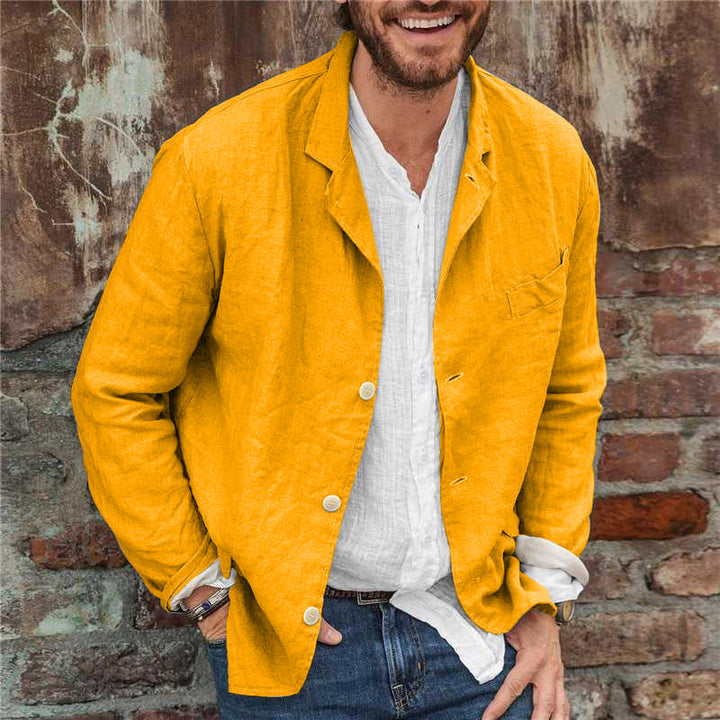 "Veste homme élégante en coton et lin, kaki, gris, bleu ou noir; style polyvalent, décontracté et respirant toutes saisons."