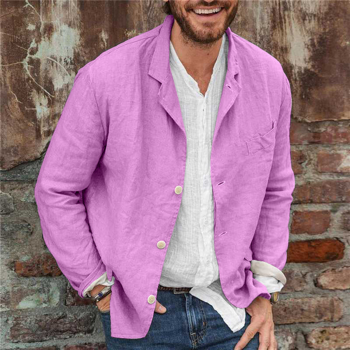 "Veste homme élégante en coton et lin, kaki, gris, bleu ou noir; style polyvalent, décontracté et respirant toutes saisons."