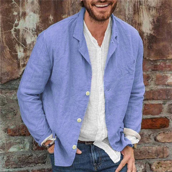 "Veste homme élégante en coton et lin, kaki, gris, bleu ou noir; style polyvalent, décontracté et respirant toutes saisons."